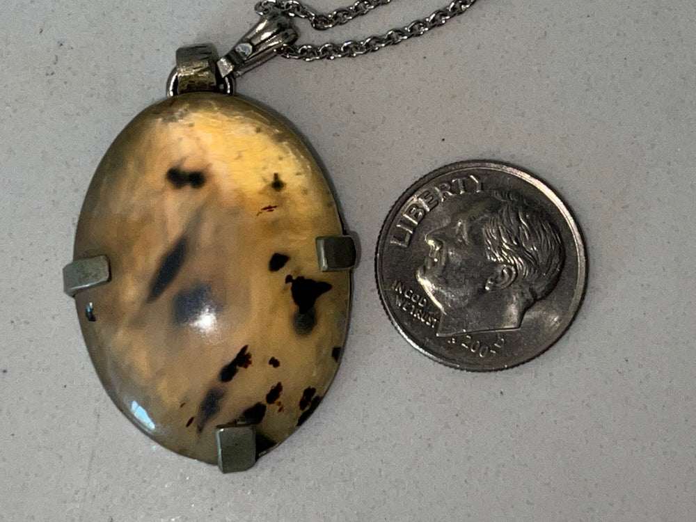 Vintage- Antique Dendritic Agate Gemstone Pendant Necklace + Sterling Silver Chain