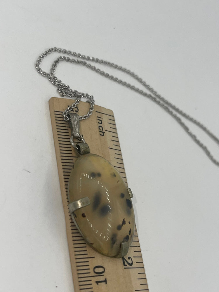 Vintage- Antique Dendritic Agate Gemstone Pendant Necklace + Sterling Silver Chain
