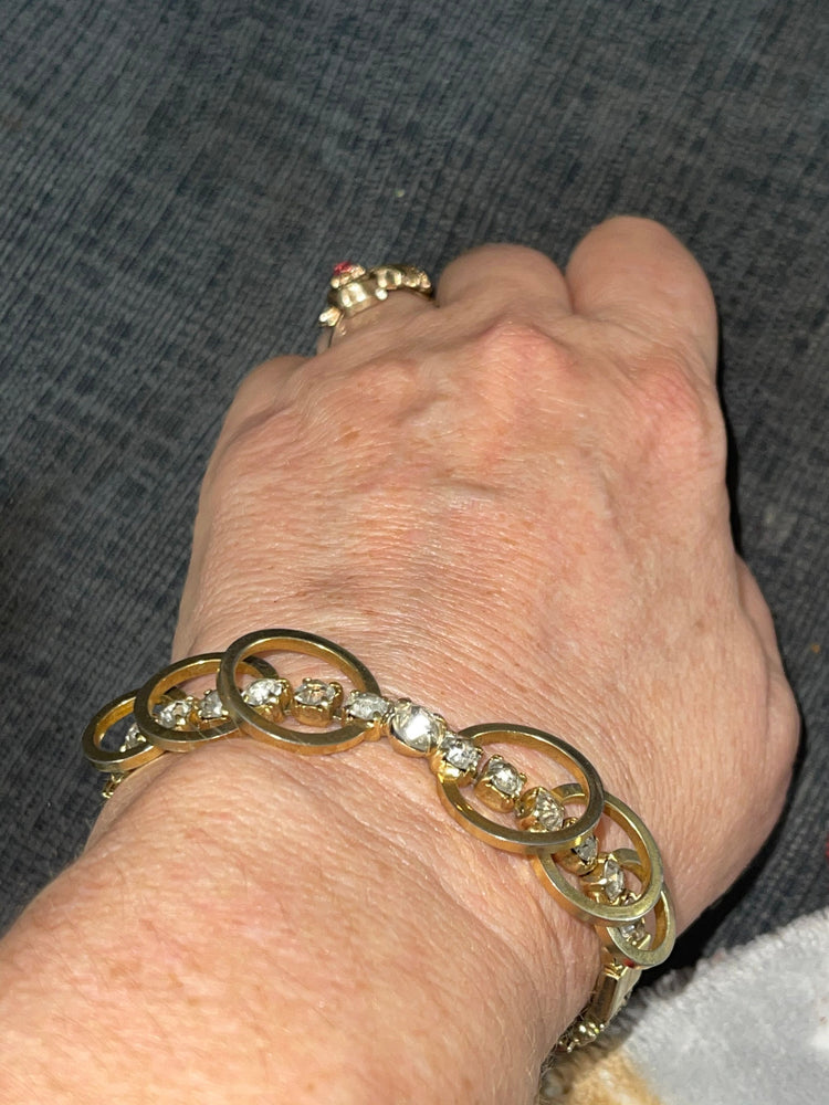 Vintage Rhinestone Gold Tone Cocktail Bracelet Modernist Costume Saftey Clasp 7 Inches Long
