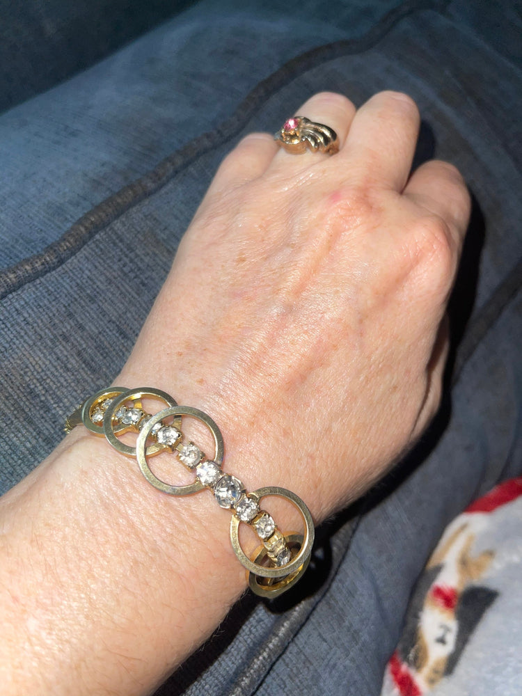 Vintage Rhinestone Gold Tone Cocktail Bracelet Modernist Costume Saftey Clasp 7 Inches Long