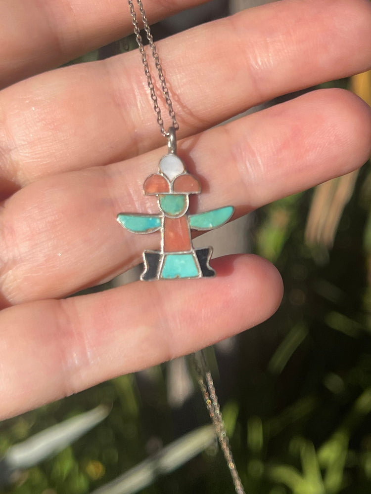 Vintage Native American Indian Kachina Warrior Pendant Necklace w Chain Inlaid w Turquoise- Red Coral - Sterling Silver Southwestern