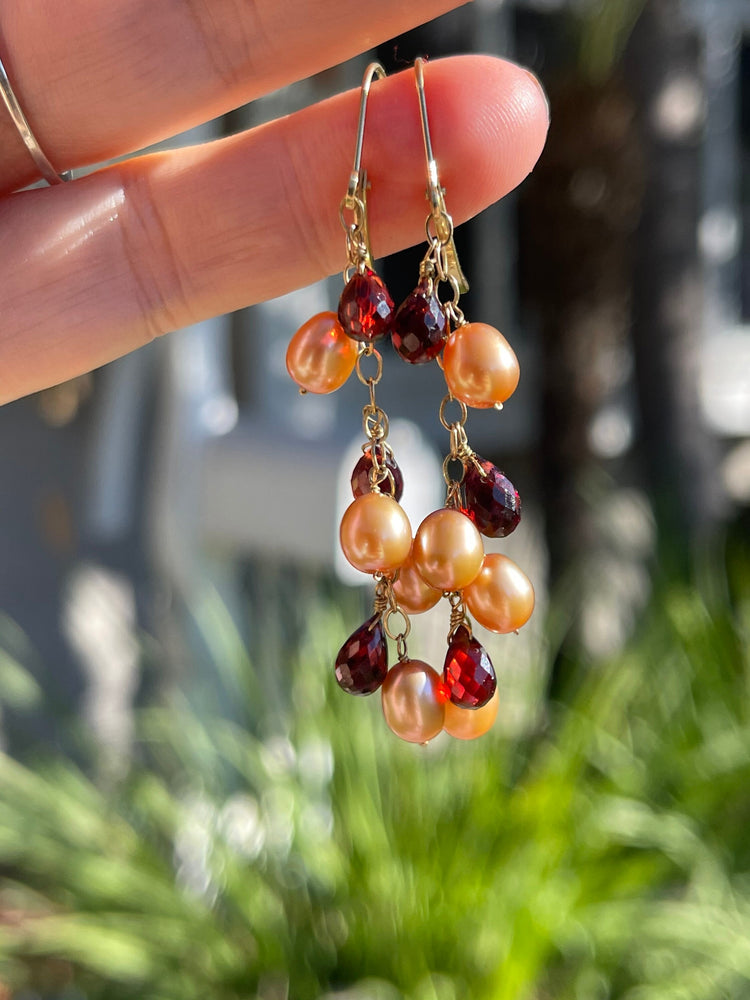 Vintage Solid 14kt Yellow Gold Garnet & Pearls Dangle Earrings Latch Back 14 kt Karat Tear Drop Cluster