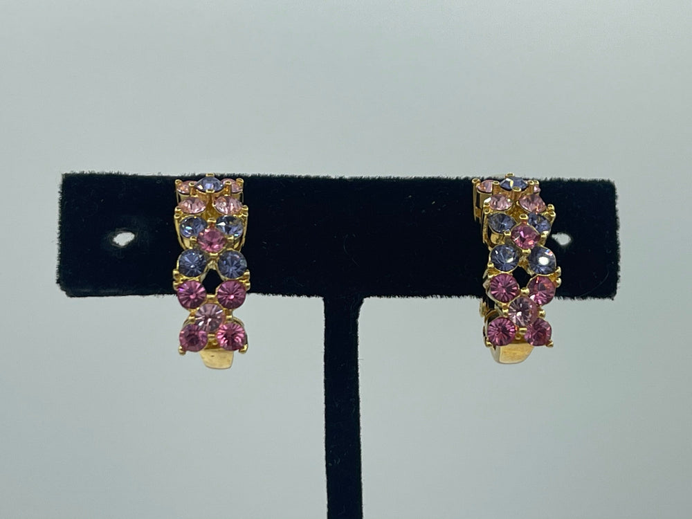 Vintage Designer Joan Rivers Pink & Purple Crystals Clip On Earrings Costume