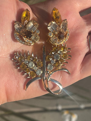 Vintage Antique Designer Eisenberg ice Clip Earrings + Unnamed Brooch Cocktail Amber Rhinestones / Crystals