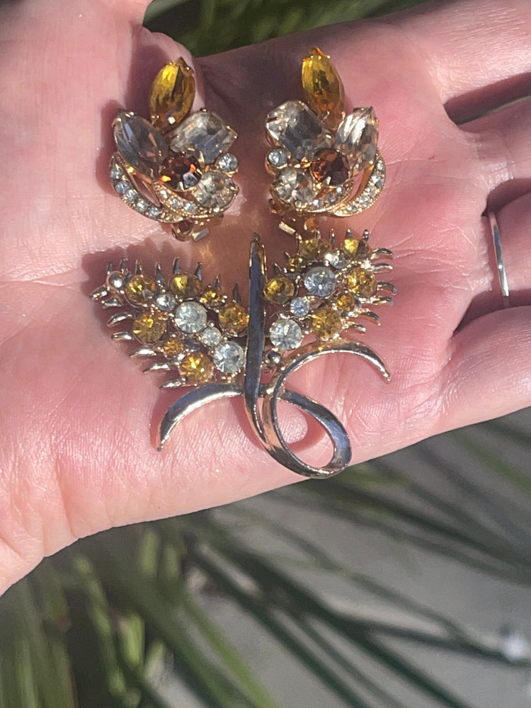 Vintage Antique Designer Eisenberg ice Clip Earrings + Unnamed Brooch Cocktail Amber Rhinestones / Crystals