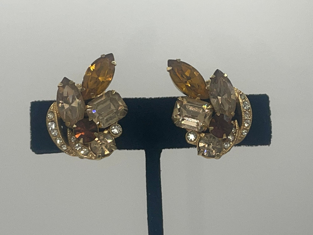 Vintage Antique Designer Eisenberg ice Clip Earrings + Unnamed Brooch Cocktail Amber Rhinestones / Crystals