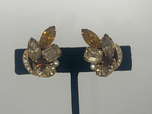 Vintage Antique Designer Eisenberg ice Clip Earrings + Unnamed Brooch Cocktail Amber Rhinestones / Crystals