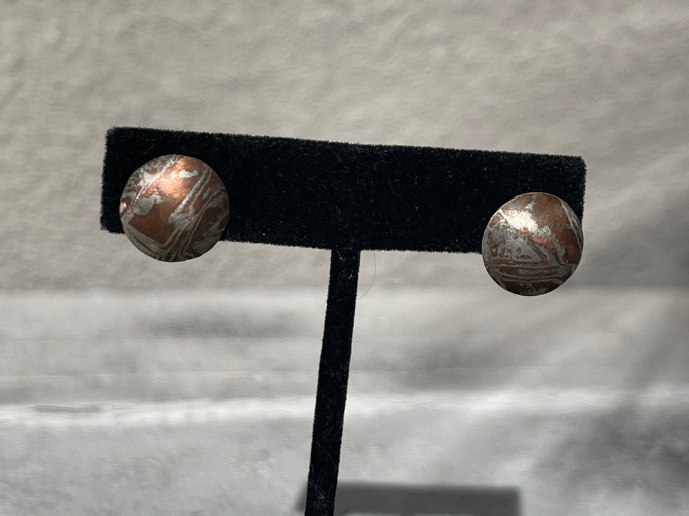 Vintage Modernist Swirl Mixed Metal 14kt Post Stud Earrings Circles Round Unusual and Unique Abstract