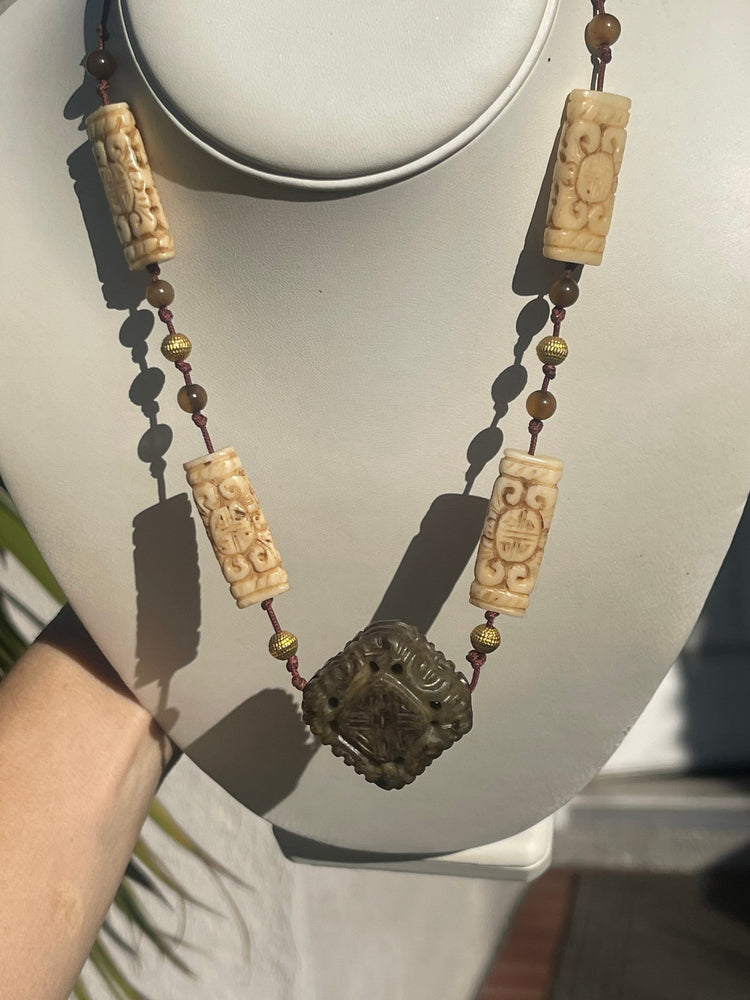 Antique Carved Nephrite Jade & Bone Necklace with Gold-Tone Spacers Statement Piece!