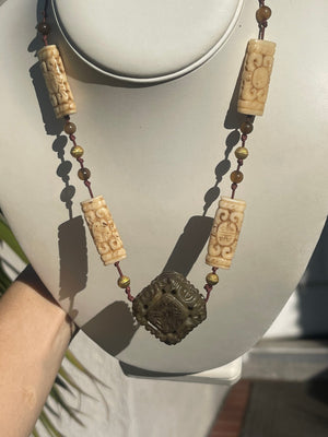 Antique Carved Nephrite Jade & Bone Necklace with Gold-Tone Spacers Statement Piece!