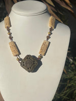 Antique Carved Nephrite Jade & Bone Necklace with Gold-Tone Spacers Statement Piece!
