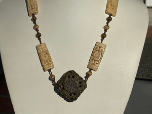 Antique Carved Nephrite Jade & Bone Necklace with Gold-Tone Spacers Statement Piece!