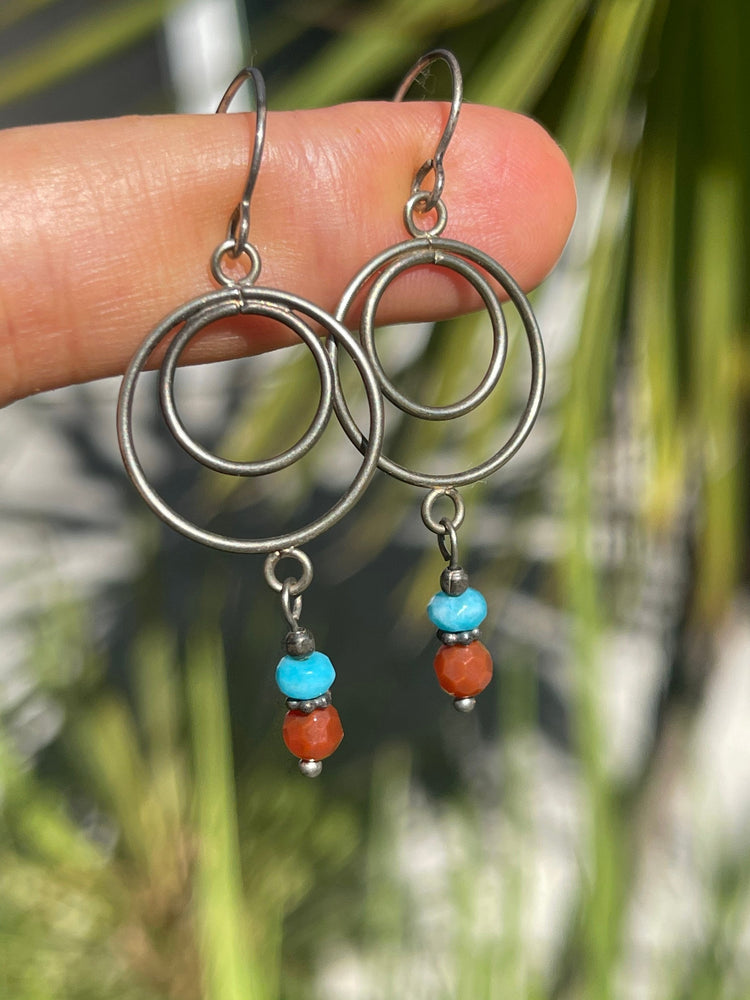 Vintage Sterling Silver 925 Turquoise & Carnelian Earrings Circles Southwestern