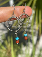Vintage Sterling Silver 925 Turquoise & Carnelian Earrings Circles Southwestern