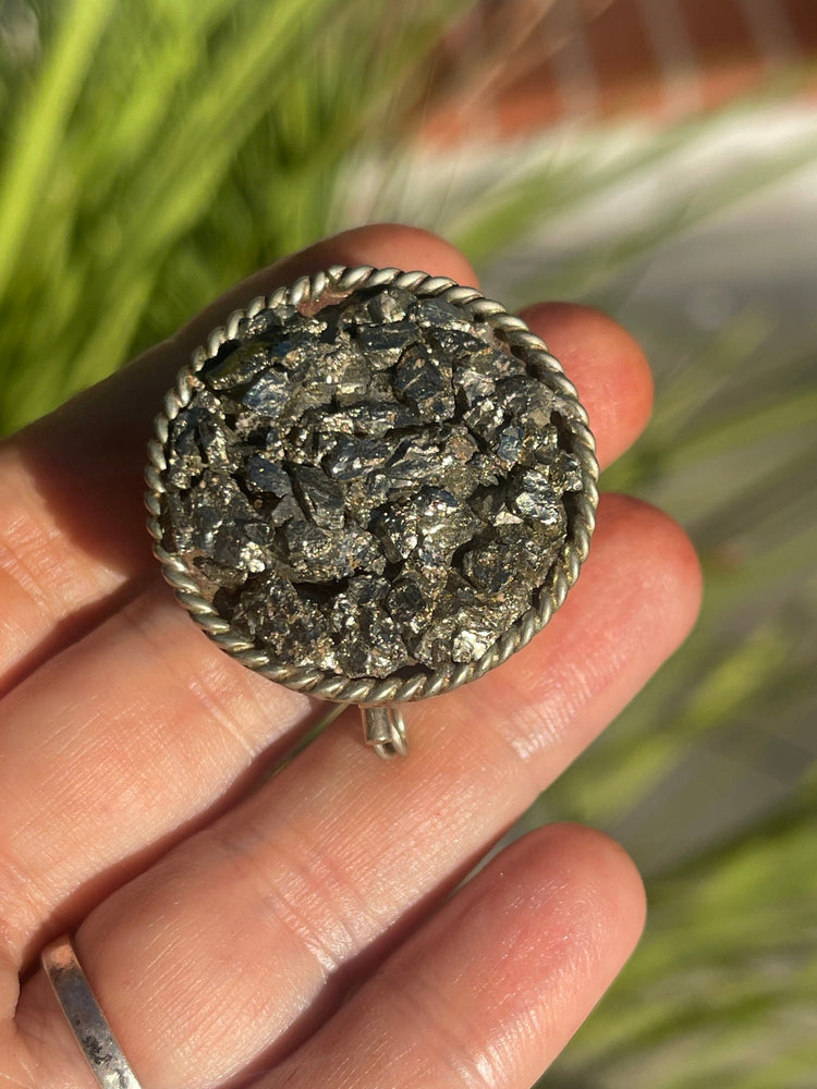 Vintage Alpaca Silver Pill Box Trinkets Pyrite Gemstone Antique Fools Gold