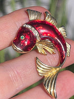 Vintage Red Enamel Koi Fish Yellow Hold Brooch Green Eyes