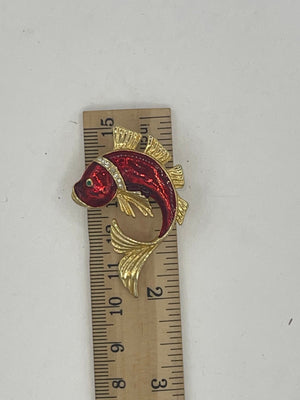 Vintage Red Enamel Koi Fish Yellow Hold Brooch Green Eyes