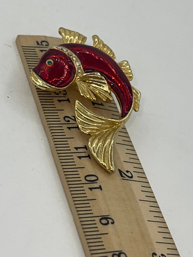 Vintage Red Enamel Koi Fish Yellow Hold Brooch Green Eyes