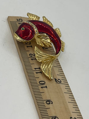 Vintage Red Enamel Koi Fish Yellow Hold Brooch Green Eyes