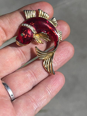 Vintage Red Enamel Koi Fish Yellow Hold Brooch Green Eyes