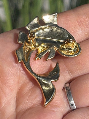 Vintage Red Enamel Koi Fish Yellow Hold Brooch Green Eyes