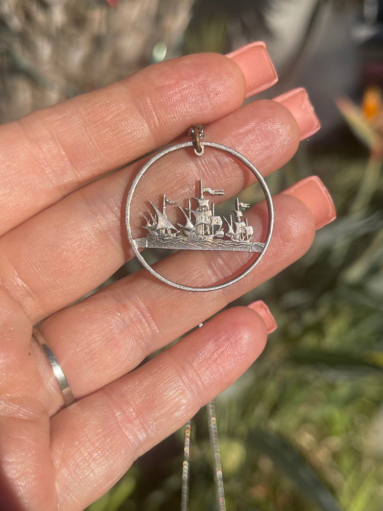 Antique Vintage 500 Lira 1958 Coin Cutout Pendant Medallion Necklace 835 Silver W Chain Mens or Women’s Unusual Italiana