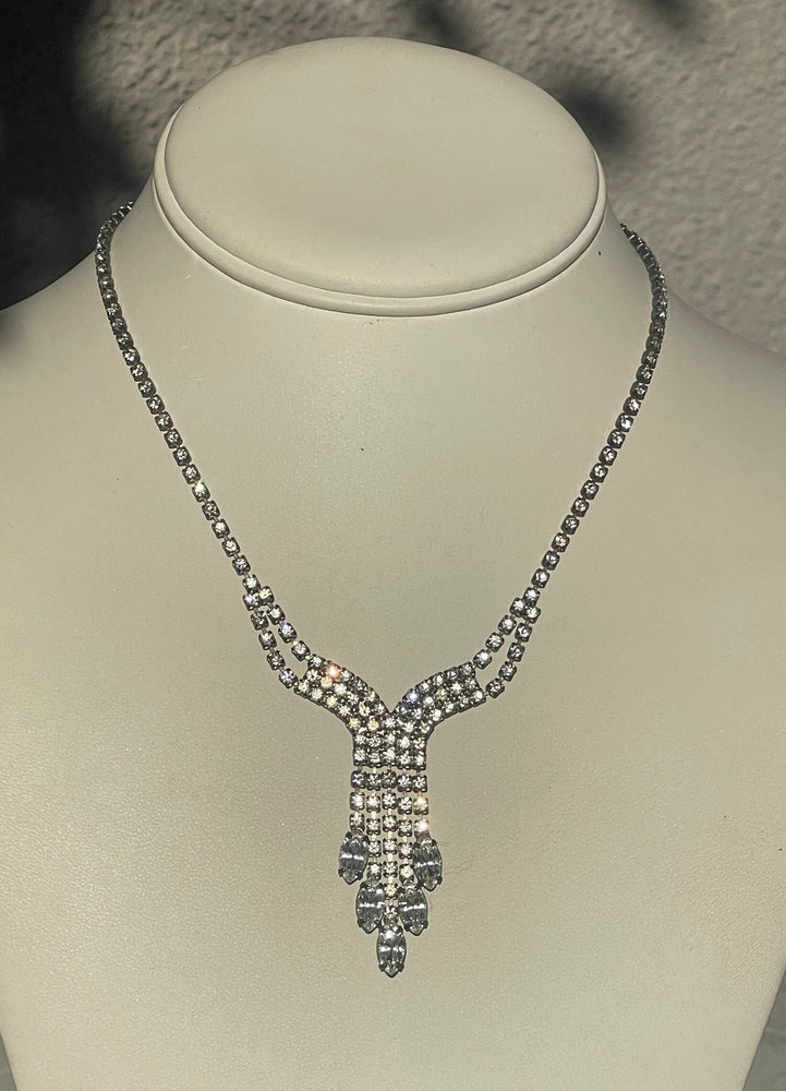 Antique Vintage Rhinestones Y Shape  Necklace Art Deco Cocktail- Costume Holiday Party 17.5 Inch
