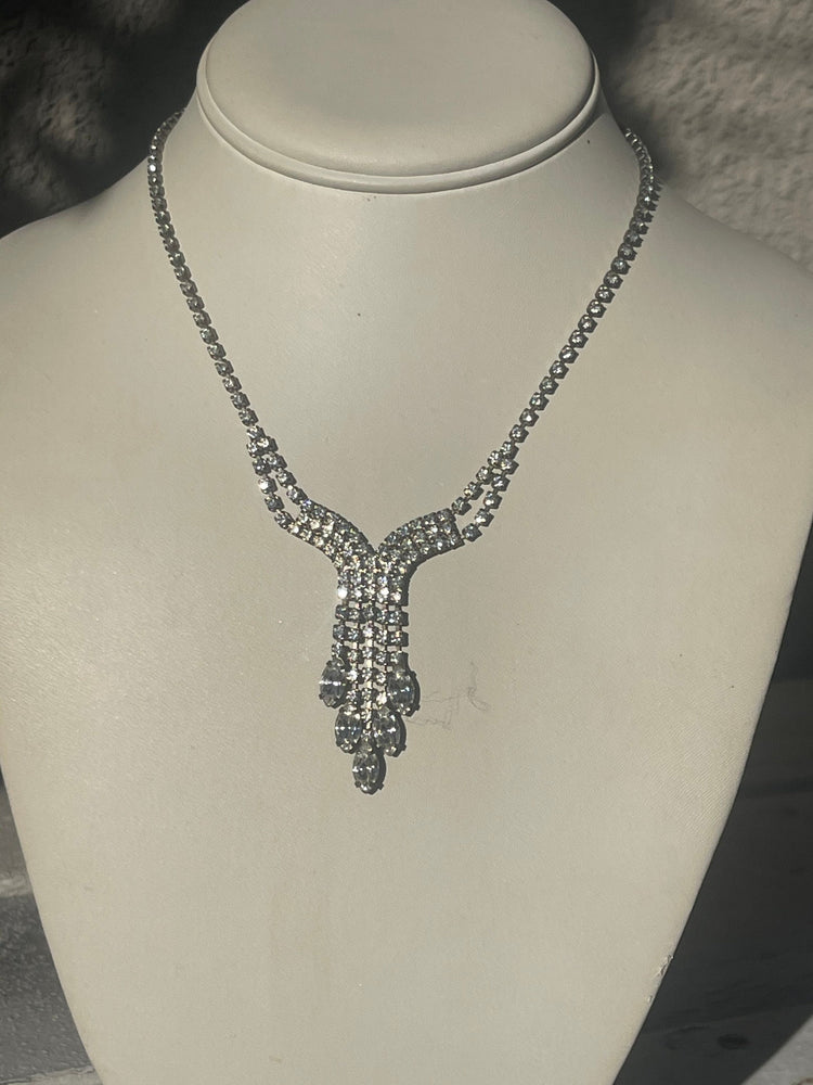 Antique Vintage Rhinestones Y Shape  Necklace Art Deco Cocktail- Costume Holiday Party 17.5 Inch
