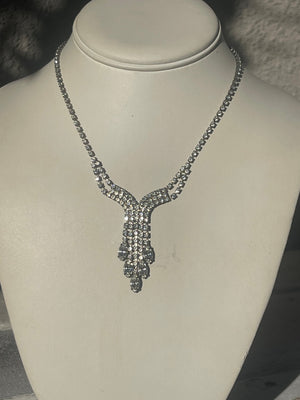 Antique Vintage Rhinestones Y Shape  Necklace Art Deco Cocktail- Costume Holiday Party 17.5 Inch