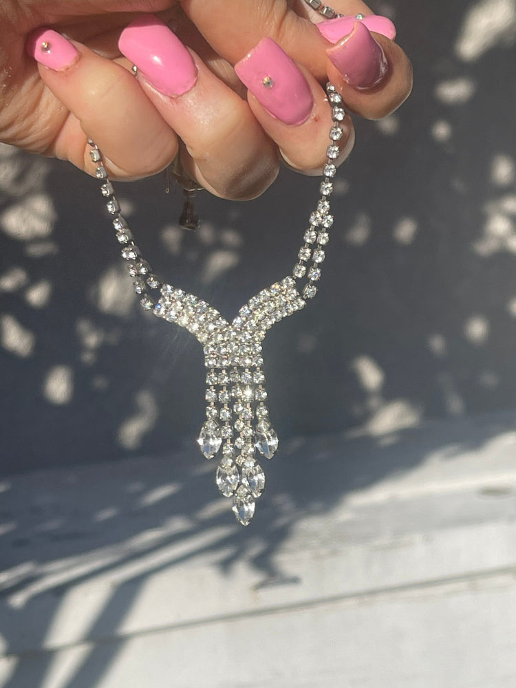 Antique Vintage Rhinestones Y Shape  Necklace Art Deco Cocktail- Costume Holiday Party 17.5 Inch