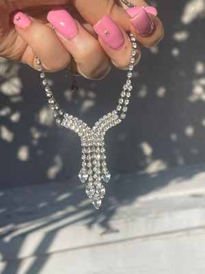 Antique Vintage Rhinestones Y Shape  Necklace Art Deco Cocktail- Costume Holiday Party 17.5 Inch