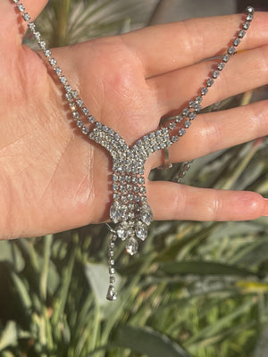 Antique Vintage Rhinestones Y Shape  Necklace Art Deco Cocktail- Costume Holiday Party 17.5 Inch