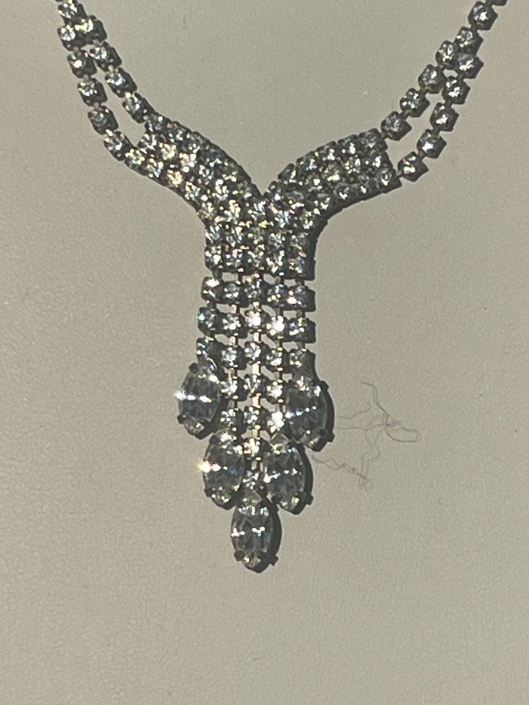 Antique Vintage Rhinestones Y Shape  Necklace Art Deco Cocktail- Costume Holiday Party 17.5 Inch