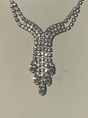 Antique Vintage Rhinestones Y Shape  Necklace Art Deco Cocktail- Costume Holiday Party 17.5 Inch