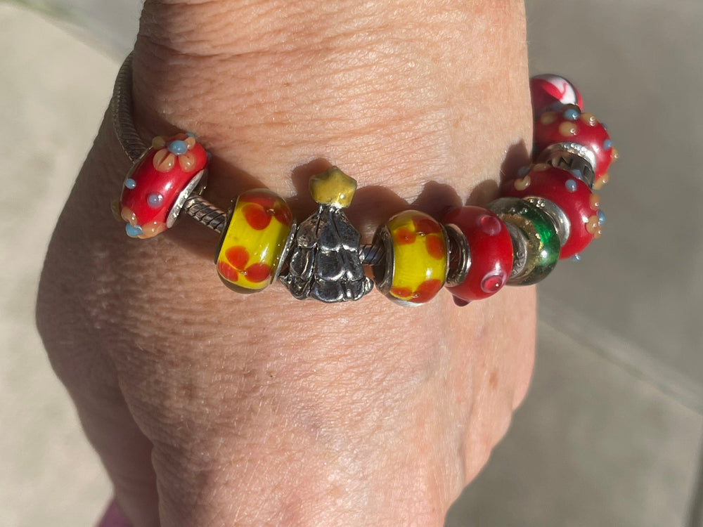 Authentic Pandora Sterling Silver 925 Charm Bracelet Fully Loaded w Charms Christmas Tree Pinecone Glass 11 Beads