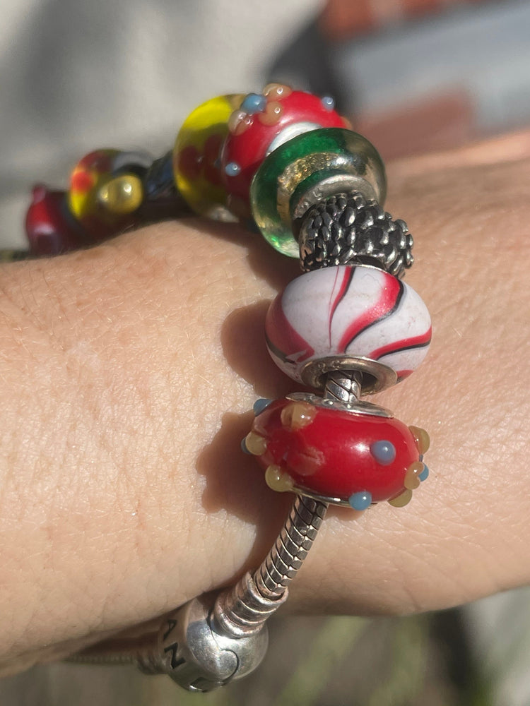 Authentic Pandora Sterling Silver 925 Charm Bracelet Fully Loaded w Charms Christmas Tree Pinecone Glass 11 Beads