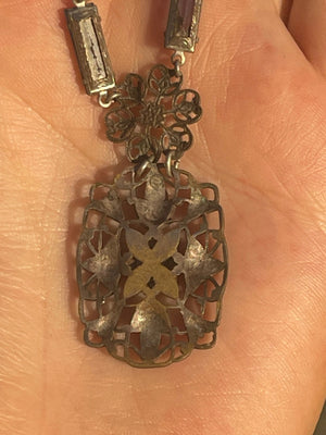 Antique Czechoslovakian Blue Art Glass Filigree Necklace Rhodium Plated Art Deco