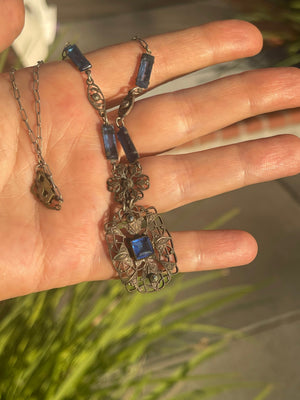 Antique Czechoslovakian Blue Art Glass Filigree Necklace Rhodium Plated Art Deco