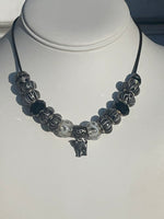 Adorable Vintage Charm Necklace Leather And Sterling Silver 925 Glass Beads Kitty Cat Kitten Dangle Charm