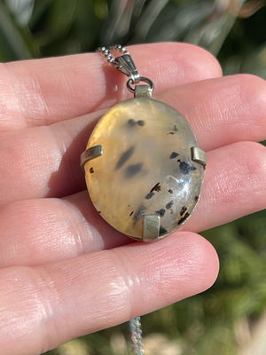 Vintage- Antique Dendritic Agate Gemstone Pendant Necklace + Sterling Silver Chain