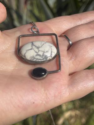 Vintage Sterling Silver White Buffalo Black Onyx Pendant w 925 Chain Modernist- Native American Unusual Abstract