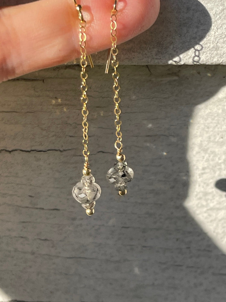 Vintage Rutilated Quartz Gemstone Earrings 14kt GF Long Dangle 14 Karat kt GF