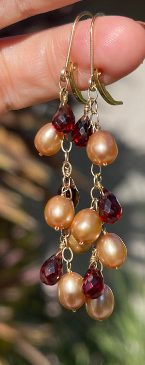 Vintage Solid 14kt Yellow Gold Garnet & Pearls Dangle Earrings Latch Back 14 kt Karat Tear Drop Cluster