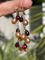 Vintage Solid 14kt Yellow Gold Garnet & Pearls Dangle Earrings Latch Back 14 kt Karat Tear Drop Cluster