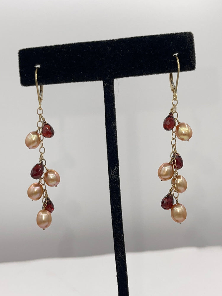 Vintage Solid 14kt Yellow Gold Garnet & Pearls Dangle Earrings Latch Back 14 kt Karat Tear Drop Cluster