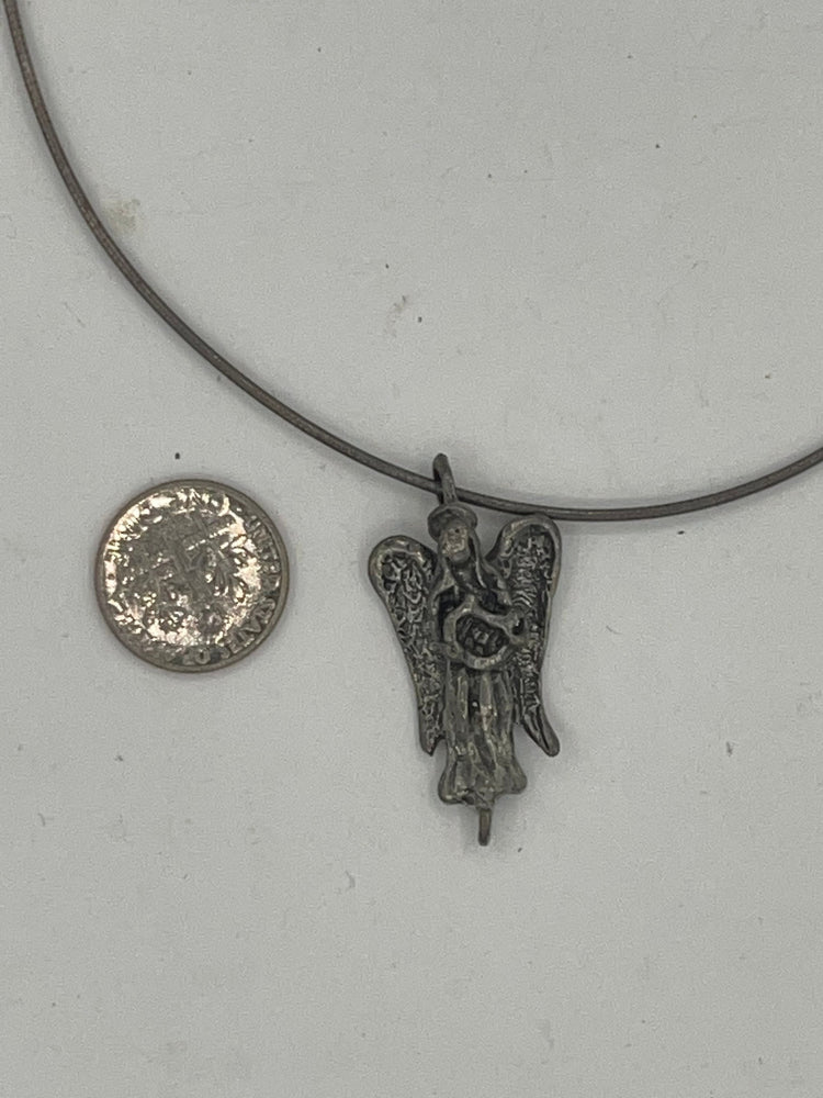 Vintage Sterling Silver Angel - Cherub Pendant w Thick 925 Stiff Choker Necklace Collar Chain Religious handmade Adjustable 16-18 Inch