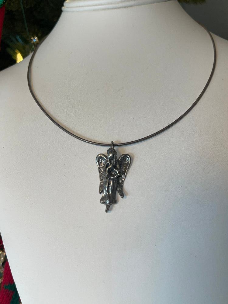 Vintage Sterling Silver Angel - Cherub Pendant w Thick 925 Stiff Choker Necklace Collar Chain Religious handmade Adjustable 16-18 Inch