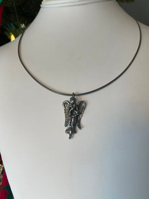 Vintage Sterling Silver Angel - Cherub Pendant w Thick 925 Stiff Choker Necklace Collar Chain Religious handmade Adjustable 16-18 Inch