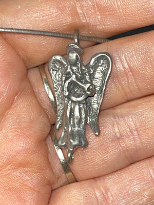 Vintage Sterling Silver Angel - Cherub Pendant w Thick 925 Stiff Choker Necklace Collar Chain Religious handmade Adjustable 16-18 Inch