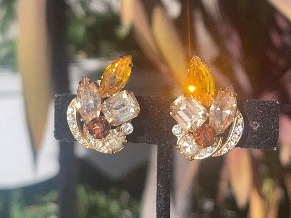 Vintage Antique Designer Eisenberg ice Clip Earrings + Unnamed Brooch Cocktail Amber Rhinestones / Crystals